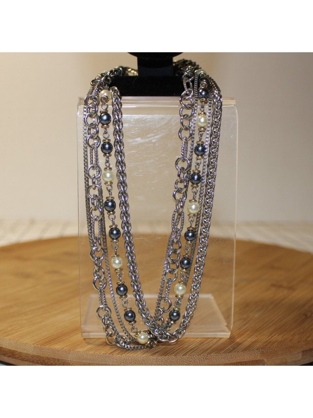 Layered Silver Tone Multi Strand Layered Necklace Faux Pearl Chain Statement